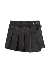 Fekete műbőr mini szoknya pliszékkel, rugalmas derékkal és oldalsó patentos záródással. Sima textúra és strukturált dizájn.