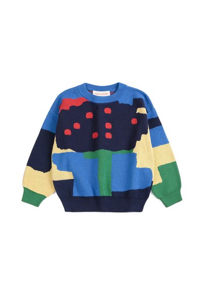 Pull à manches longues pour enfants avec des formes abstraites colorées en bleu, vert, jaune, rouge et noir.
