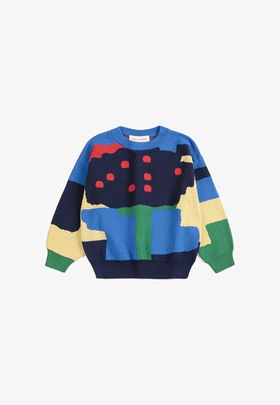 Pull à manches longues pour enfants avec des formes abstraites colorées en bleu, vert, jaune, rouge et noir.