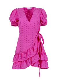 Pink wrap dress made of eyelet fabric, featuring puff sleeves, a waist tie, and a ruffled hem. The fabric has cut-out patterns throughout.