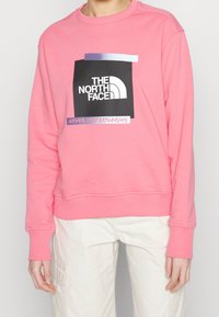 Felpa rosa in cotone, con una grande grafica nera che mostra il testo "THE NORTH FACE" e "NEVER STOP EXPLORING". Polsini e orlo a costine.