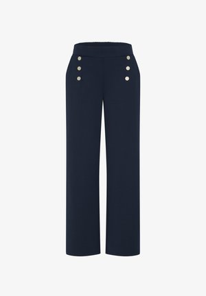Pantalon large bleu marine taille haute avec trois boutons argentés de chaque côté près des hanches, sans poches apparentes ni coutures visibles.