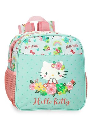 Mochila infantil con gráfico de Hello Kitty, patrones florales y de arcoíris, bolsillos laterales de malla rosa y correas rosas sobre un fondo turquesa claro.
