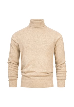 Beige turtleneck sweater made of knitted fabric, featuring ribbed cuffs and hem, with a smooth texture and fitted design.