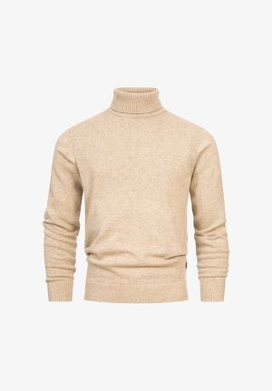 Beige turtleneck sweater made of knitted fabric, featuring ribbed cuffs and hem, with a smooth texture and fitted design.