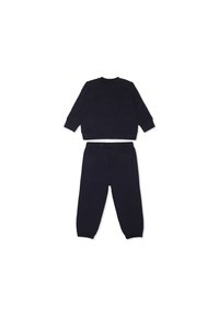 Conjunto de sudadera y pantalones de chándal de algodón azul marino. Sudadera de manga larga, cuello redondo; pantalones con cintura elástica y puños ajustados.