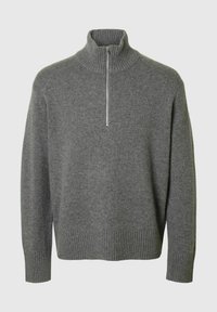 Szary sweter dzianinowy z wysokim kołnierzem, designem na pół-zamek, prążkowanymi mankietami i dołem. Miękka struktura, luźny krój, minimalne detale.