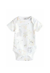 Kurzarm-weißer Body mit verschiedenen Tierillustrationen in sanften Pastelltönen und Grau. Mit Druckknöpfen im Schritt. Aus weichem Baumwollmaterial.