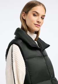 Donkergroene puffer vest met een hoge kraag, ritssluiting en een slanke textuur. Bevat contrasterende stiksels langs de armsgaten en een gladde afwerking.