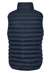 Námorně modrá péřová vesta s vysokým límcem. Disponuje horizontálně prošívanými sekcemi a hladkým povrchem, navržena pro izolaci a teplo.