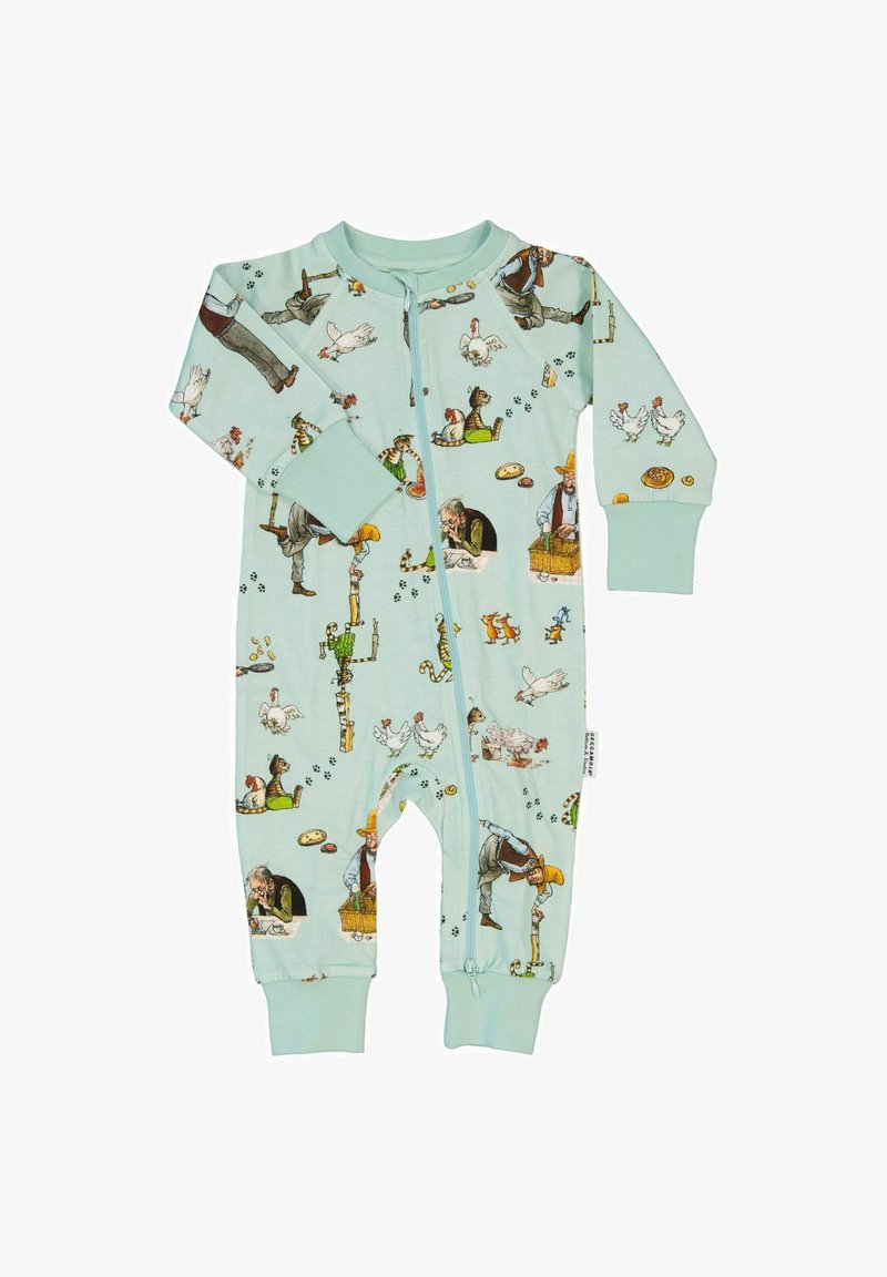 Light blue onesie featuring a colorful farm-themed print with animals and characters, long sleeves, full front zipper, and ribbed cuffs.