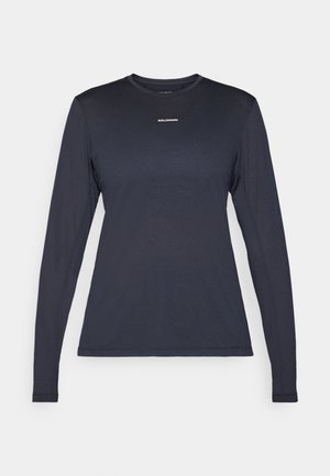 Marineblaue langärmlige Sportshirt mit Rundhalsausschnitt, aus strukturiertem Material; mit einem kleinen weißen „Salomon“-Logo auf der Brust.