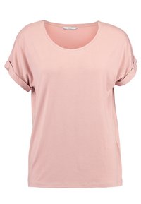 Light pink, short-sleeve t-shirt made from soft fabric. Features a wide neckline and rolled sleeves, with a relaxed fit. Lightweight texture.