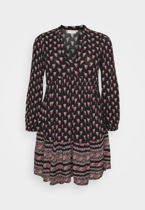 Sort langærmet kjole med rød og hvid blomsterprint og kontrastfuld detaljeret kantprint langs nederkanten.