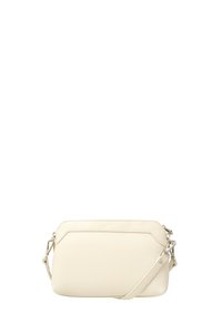 Borsa a tracolla bianca in pelle con superficie testurizzata, forma rettangolare, chiusura a zip e tracolla regolabile. Finiture in metallo argentato.