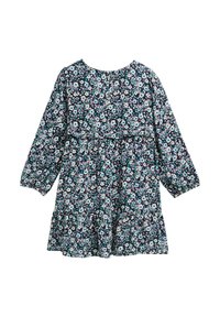 Blumenmusterkleid mit langen Ärmeln, rundem Ausschnitt, mit einem dunklen Hintergrund und blauen, rosa und weißen Blumen sowie einem gestuften Saum.