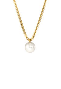 Kultainen ketjukaulakoru, jossa on suuri valkoinen helmiripustus, sileä pinta, pyöreä muoto ja kiillotettu viimeistely.