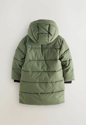 Grüne Pufferjacke mit Kapuze, ausgestattet mit einem gesteppte Design, einem glänzenden Finish und schwarzen Akzenten an den Ärmeln. Markenlogo auf dem Rücken angezeigt.