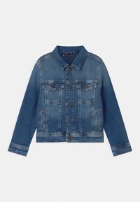 Giacca di jeans in blu medio, con colletto classico, tasche anteriori, chiusura con bottoni e tessitura sbiadita con cuciture a contrasto.