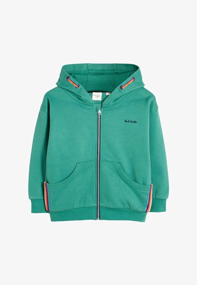 Grüne Zip-Hoodie aus Baumwollmix mit zwei vorderen Taschen, einer Kordelzugkapuze und mehrfarbigen Akzenten an den Taschenrändern.