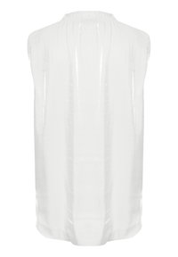 Biała, bezrękawnik bluzka z marszczonym dekoltem. Wykonana z błyszczącego, lekkiego materiału o gładkiej fakturze i zwiewnym kroju.