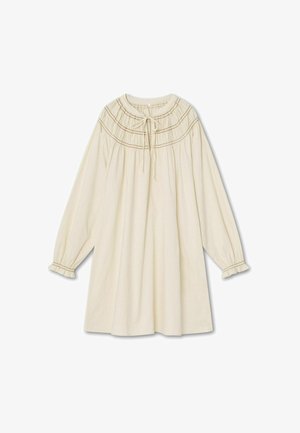 Cream long-sleeve dress with round neckline, embroidered yoke, gathered details, and tie closure at the front.
