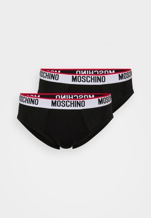 Culotte en coton noir avec une large ceinture élastique portant le nom de la marque "Moschino" en lettres blanches et rouges.