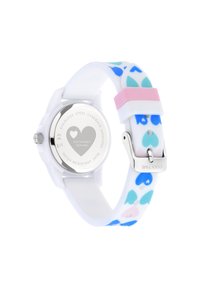 Kinderuhr mit einem weißen Silikonarmband, das mit pinken und blauen Herzmustern verziert ist, Edelstahl-Gehäuseboden und silberner Schnalle, wasserdicht bis 3ATM.