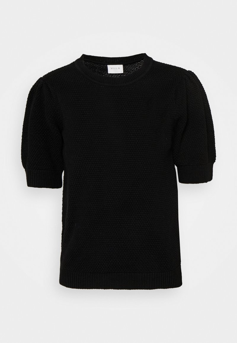 Pull maille noir à manches courtes avec motif texturé et bords-côtes aux poignets, à l'encolure et à l'ourlet, présenté sur un fond blanc uni.