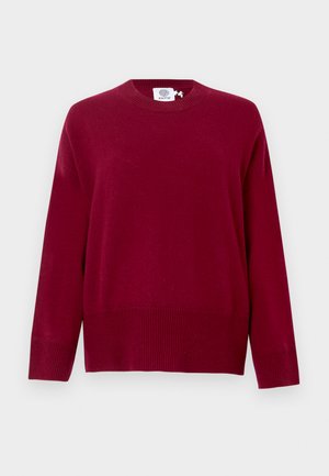 Bordeauxfarbener Pullover mit Rundhalsausschnitt, langen Ärmeln und geripptem Saum. Hergestellt aus weichem Stoff mit minimaler Ausstattung.