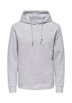 Hellgrauer Pullover-Hoodie mit aufgesetzter Kängurutasche vorne und verstellbaren Kordeln an der Kapuze, hergestellt von Only & Sons.