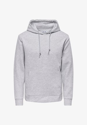 Light gray pullover hoodie with front kangaroo pocket and adjustable drawstrings on the hood, made by Only & Sons.
