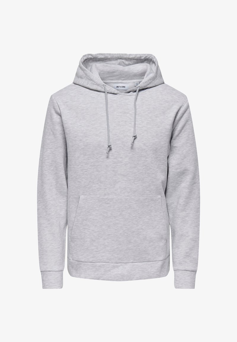 Light gray pullover hoodie with front kangaroo pocket and adjustable drawstrings on the hood, made by Only & Sons.