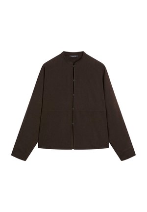 Brown button-up jacket with a round collar, long sleeves, and a straight cut. Made of a smooth, soft fabric with no visible patterns.