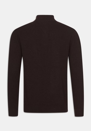 Maglione a collo alto marrone, maniche lunghe, realizzato in un tessuto a maglia morbida, con collo e polsini a coste, design semplice senza motivi.
