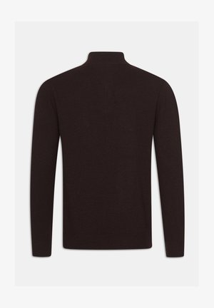 Brauner Rollkragenpullover, langärmelig, aus einem glatten Strickstoff gefertigt, mit geripptem Kragen und Bündchen, schlichtes Design ohne Muster.