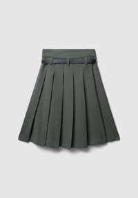 Gonna plissettata in tessuto verde scuro con una texture liscia. Presenta una sottile vita nera e una forma A-line classica.