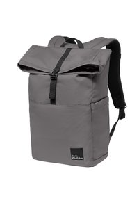 Grau Rolltop-Rucksack mit verstellbaren Trägern, Fronttasche und Logo-Patch. Aus strapazierfähigem Stoff mit strukturierter Oberfläche gefertigt.