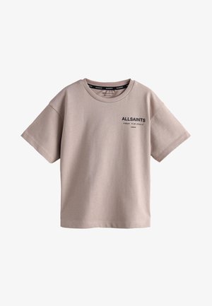 Taupe T-shirt med korte ærmer med "ALLSAINTS" og japansk tekst trykt på venstre bryst, med rund halsudskæring.