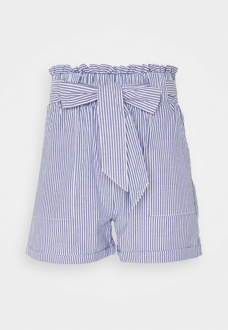 Shorts à taille haute rayés avec des lignes verticales bleues et blanches, une ceinture en tissu nouée, une ceinture froncée et des poches plaquées à l'avant.