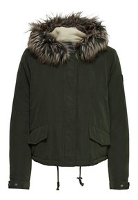 Giacca verde oliva con cappuccio foderato in pelliccia sintetica, due tasche frontali, cordini regolabili all'orlo e una morbida fodera interna.