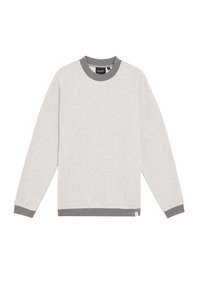 Lichtgrijze sweatshirt met een donkergrijze ribgebreide ronde hals en boorden. Zacht materiaal met lange mouwen en een rechte zoom, zonder patronen of graphics.