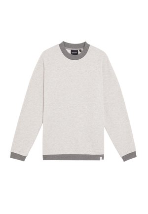 Helles graues Sweatshirt mit einem dunkelgrauen Rippkragen und -bündchen. Weicher Stoff mit langen Ärmeln und geradem Saum, ohne Muster oder Grafiken.