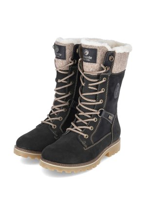 Schwarze Winterstiefel mit beigen Schnürsenkeln, hellbraunen Gummisohlen, Fleecefutter und wollstrukturiertem Schaft, entwickelt für kaltes Wetter.