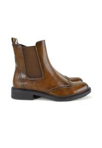 Braune Leder-Ankle-Boots mit elastischen Seitenteilen, runder Zehenform, dekorativen Perforationen und einem niedrigen schwarzen Gummihighheel.