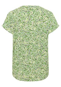 Ljusgrön kortärmad blus med blommönster. Har en rundad halsringning och en lös passform, tillverkad av ett mjukt, lätt material.