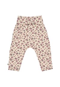 Pantaloni floreali beige con vita alta, caratterizzati da piccoli motivi rosa e verdi, tessuto morbido e vestibilità rilassata con elastico arricciato in vita.