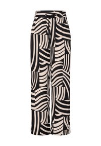 Black and cream wide-leg trousers with an elastic waistband, drawstring detail, and a geometric wave pattern throughout.
