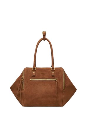 Braune Wildleder-Handtasche mit zwei Griffen, einer Vorderreißverschlusstasche und goldfarbenen Reißverschlussdetails an den Seiten und oben, vor weißem Hintergrund.