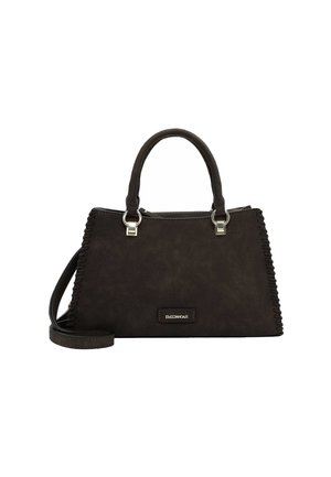 Dark brown suede handbag with a structured shape, short handles, and a detachable shoulder strap. Features stitched side accents and a logo patch.